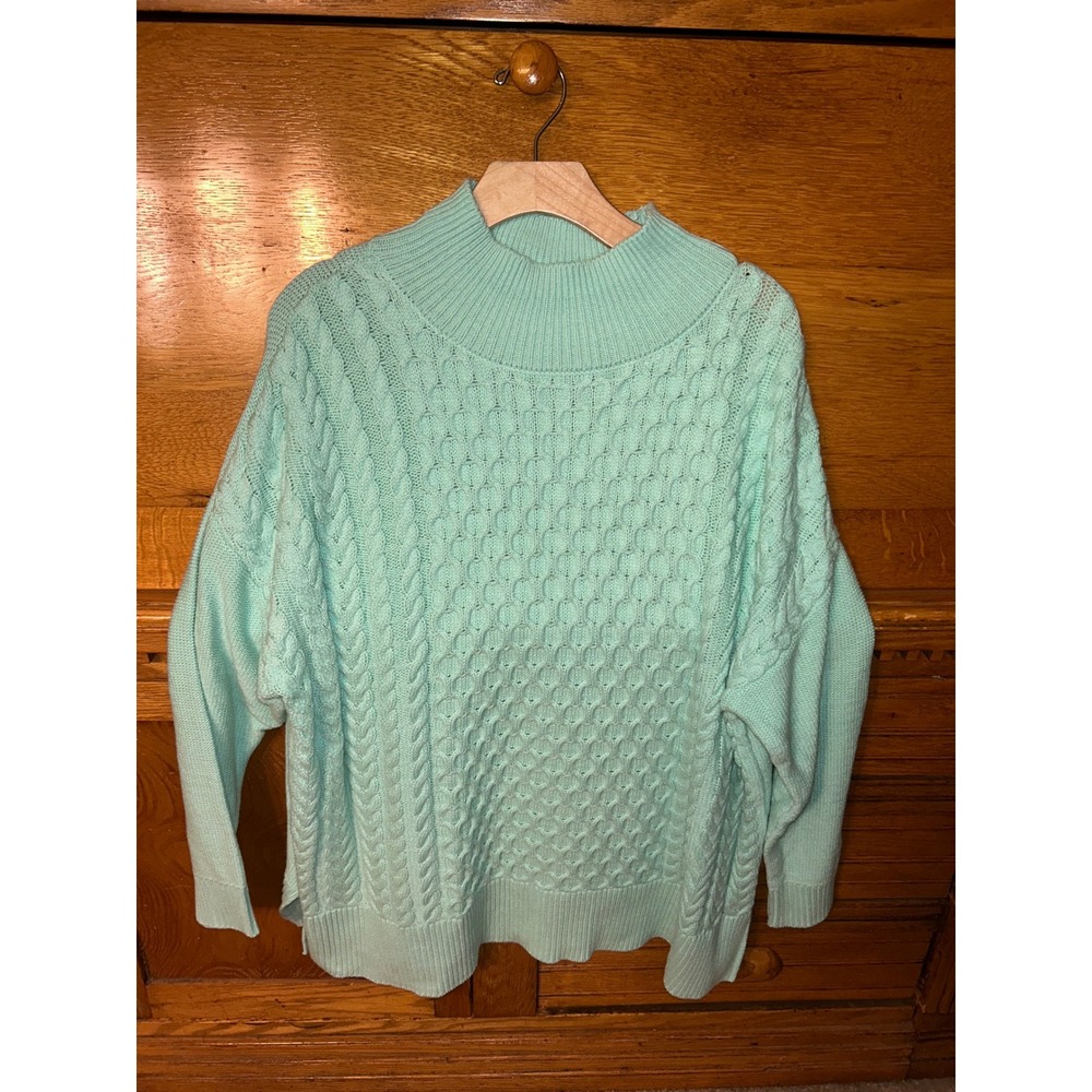Crown & Ivy Fisherman Preppy Mint Green Cable Knit Mock‎ Neck Sweater Grannycore